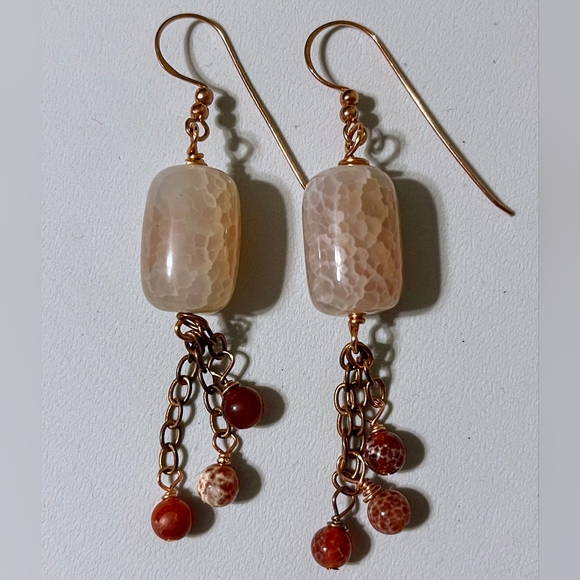 Fire Crackle Agate Genuine Gemstone Handmade Earrings, Copper Chain & Ear wires - Picture 3 of 4
